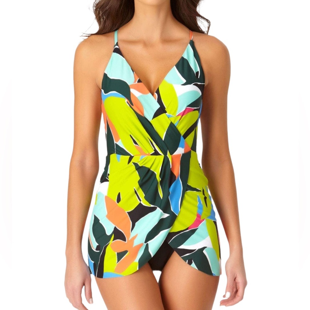 Anne Cole Palm Print Swim Dress With Skirted Bottom Swimsuit